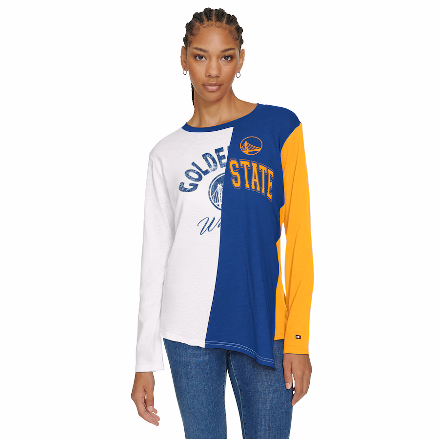 Women's Golden State Warriors Tommy Jeans White/Royal Amelia Color Blocked Long Sleeve T-Shirt - Ujersey