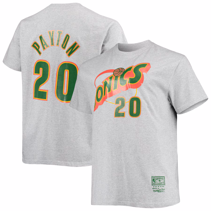 Men's Seattle SuperSonics Gary Payton Mitchell & Ness Heathered Gray Big & Tall Hardwood Classics Name & Number T-Shirt - Ujersey
