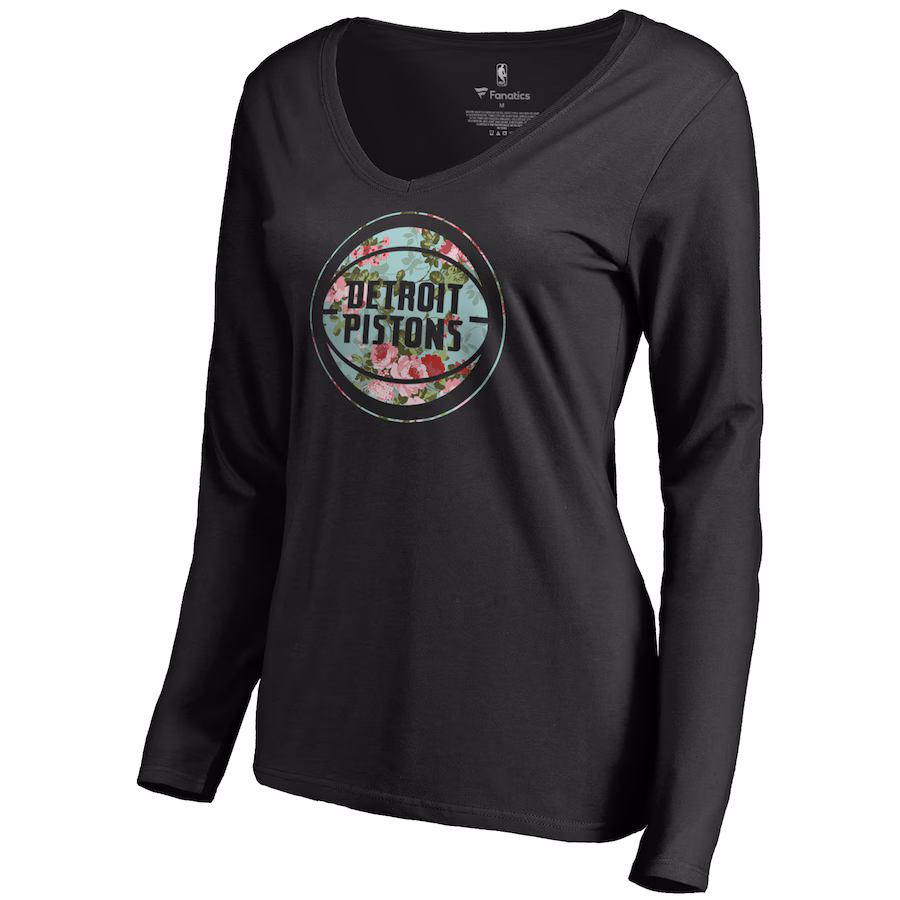 Women's Detroit Pistons Black Lovely V-Neck Long Sleeve T-Shirt - Ujersey