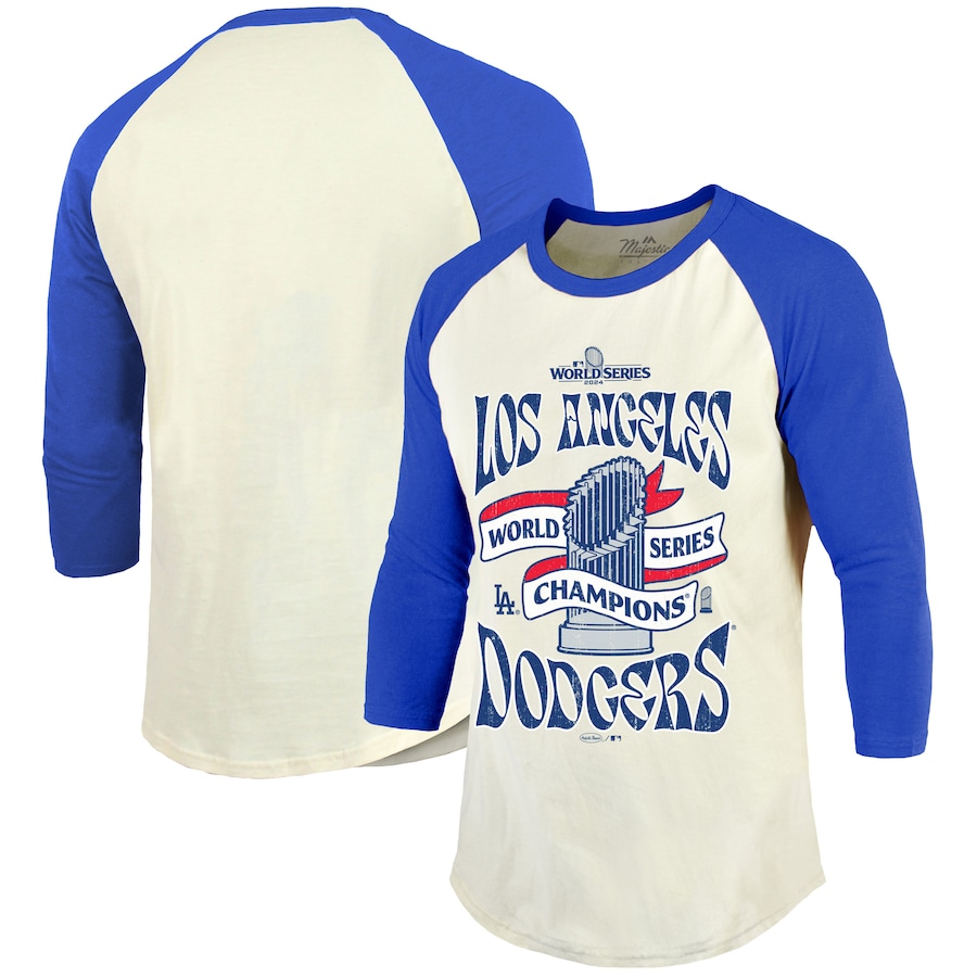 Men's Los Angeles Dodgers Majestic Threads Cream/Royal 2024 World Series Champions 3/4-Sleeve Raglan Tri-Blend T-Shirt - Ujersey NFL Shop