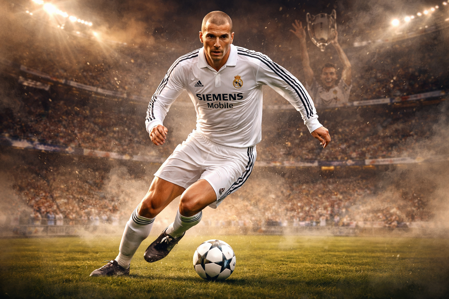 Zinedine Zidane controlling a ball gracefully in a classic white Real Madrid jersey.