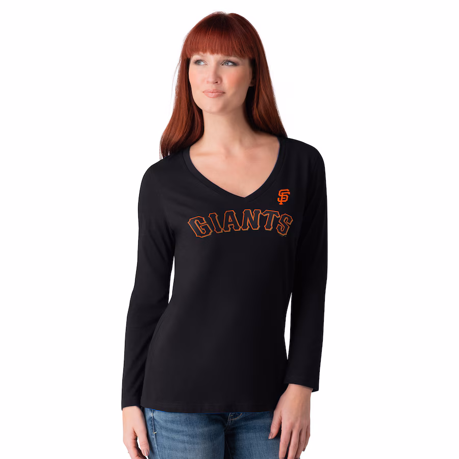 Women's San Francisco Giants G-III 4Her by Carl Banks Black Post Season Long Sleeve V-Neck T-Shirt - Ujersey Shop