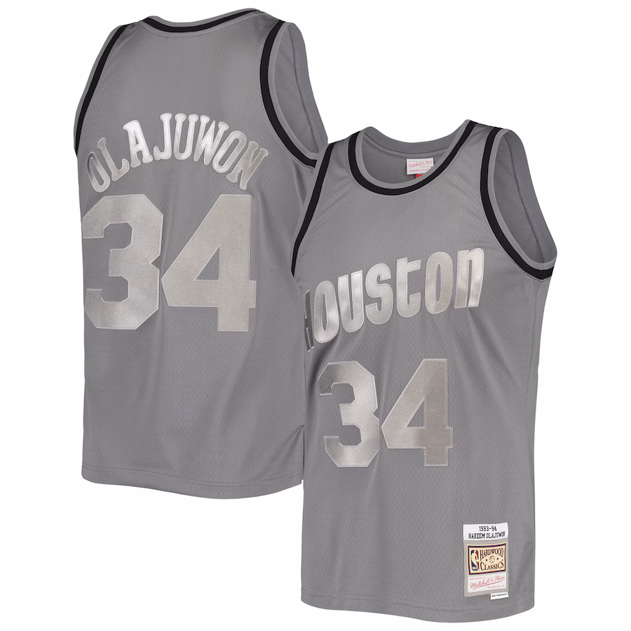 Men's Houston Rockets Hakeem Olajuwon Mitchell & Ness Charcoal Hardwood Classics Retired Player 1993/94 Metal Works Swingman Jersey - Ujersey Shop