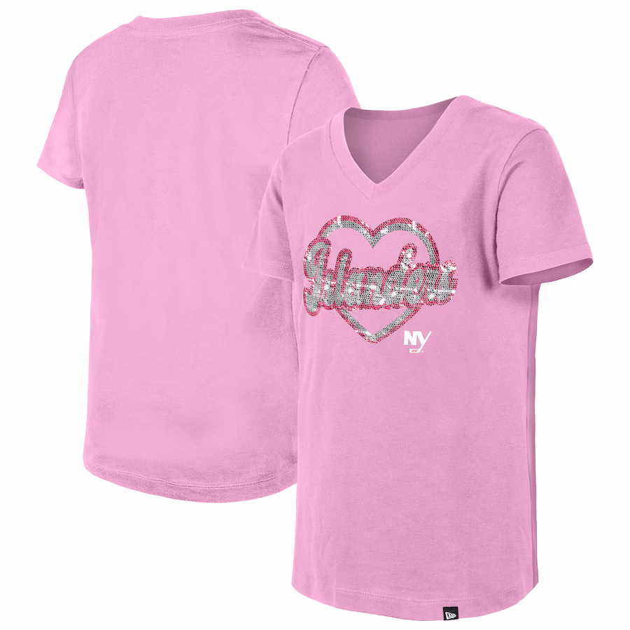 Girl's Youth New York Islanders New Era Pink Flip Sequin V-Neck T-Shirt - Ujersey Shop