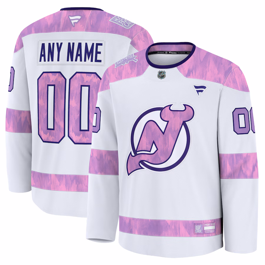 Men's New Jersey Devils Fanatics White 2024 Hockey Fights Cancer Custom Practice Jersey - Ujersey Shop
