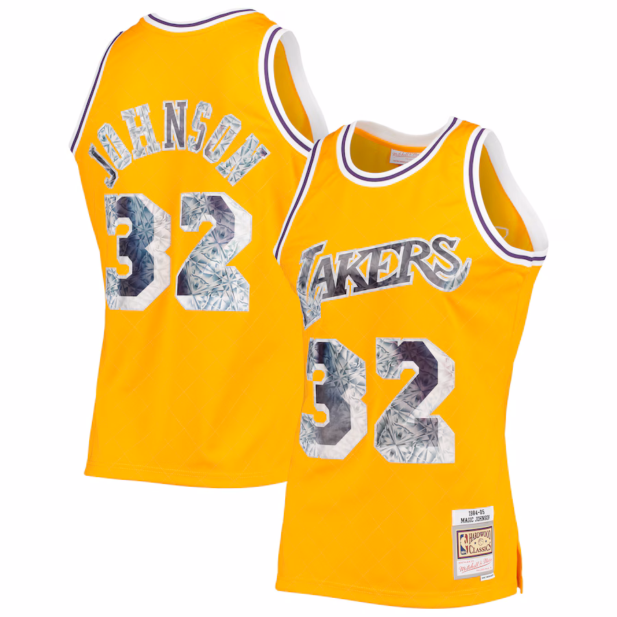 Men's Los Angeles Lakers Magic Johnson Mitchell & Ness Gold 1984/85 Hardwood Classics NBA 75th Anniversary Diamond Swingman Jersey - Ujersey Shop