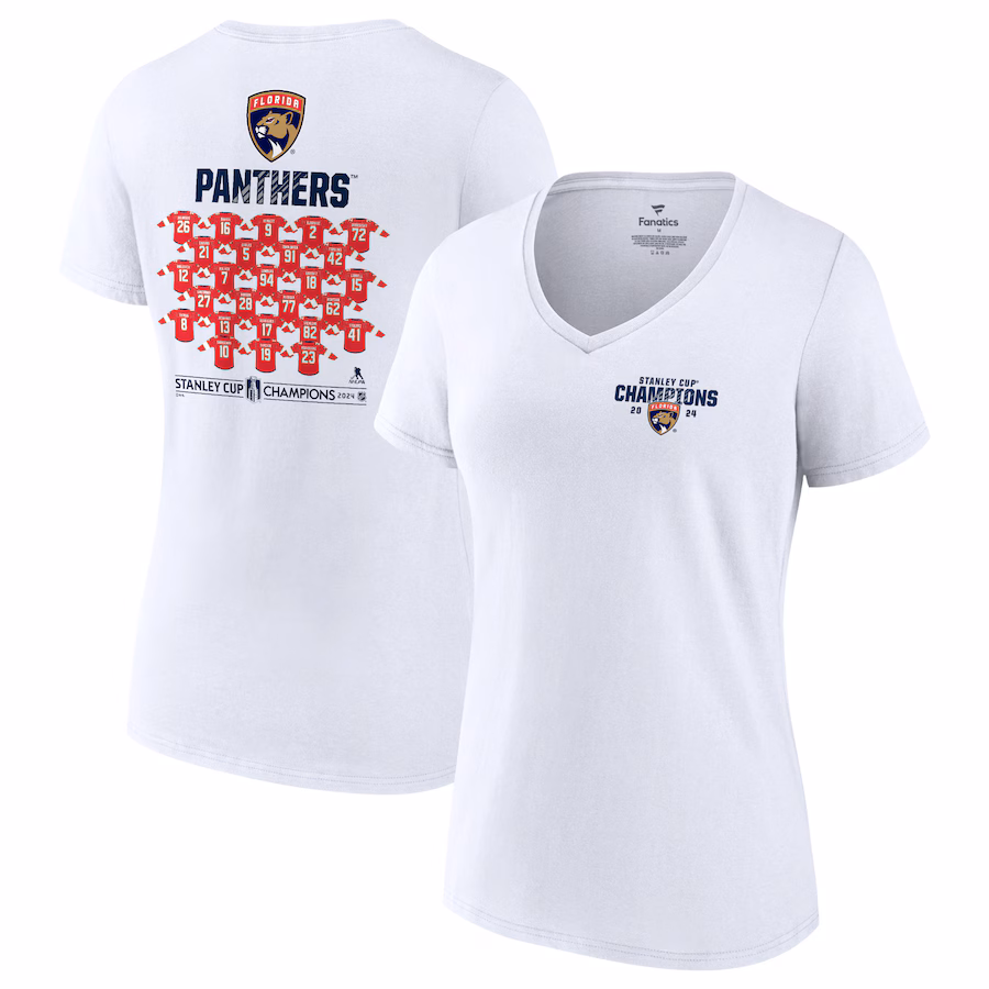 Women's Florida Panthers Fanatics White 2024 Stanley Cup Champions Jersey Roster V-Neck T-Shirt - Ujersey Shop