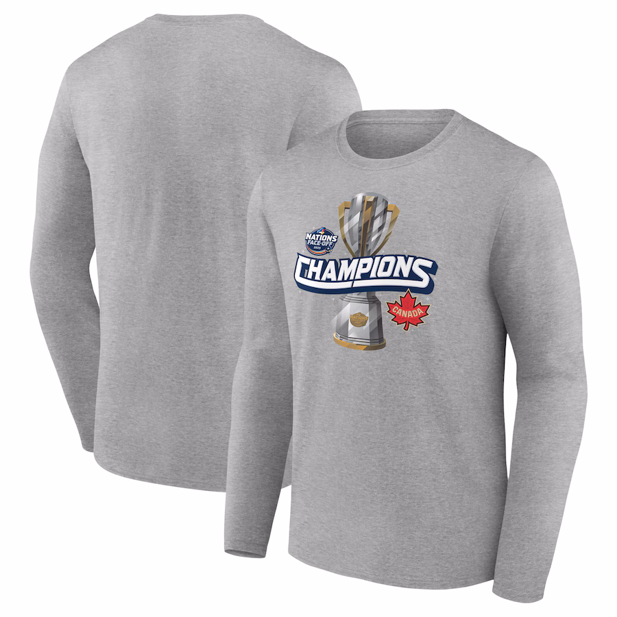 Men's Canada Gray 2025 4 Nations Face-Off Champions Long Sleeve T-Shirt - Ujersey Shop