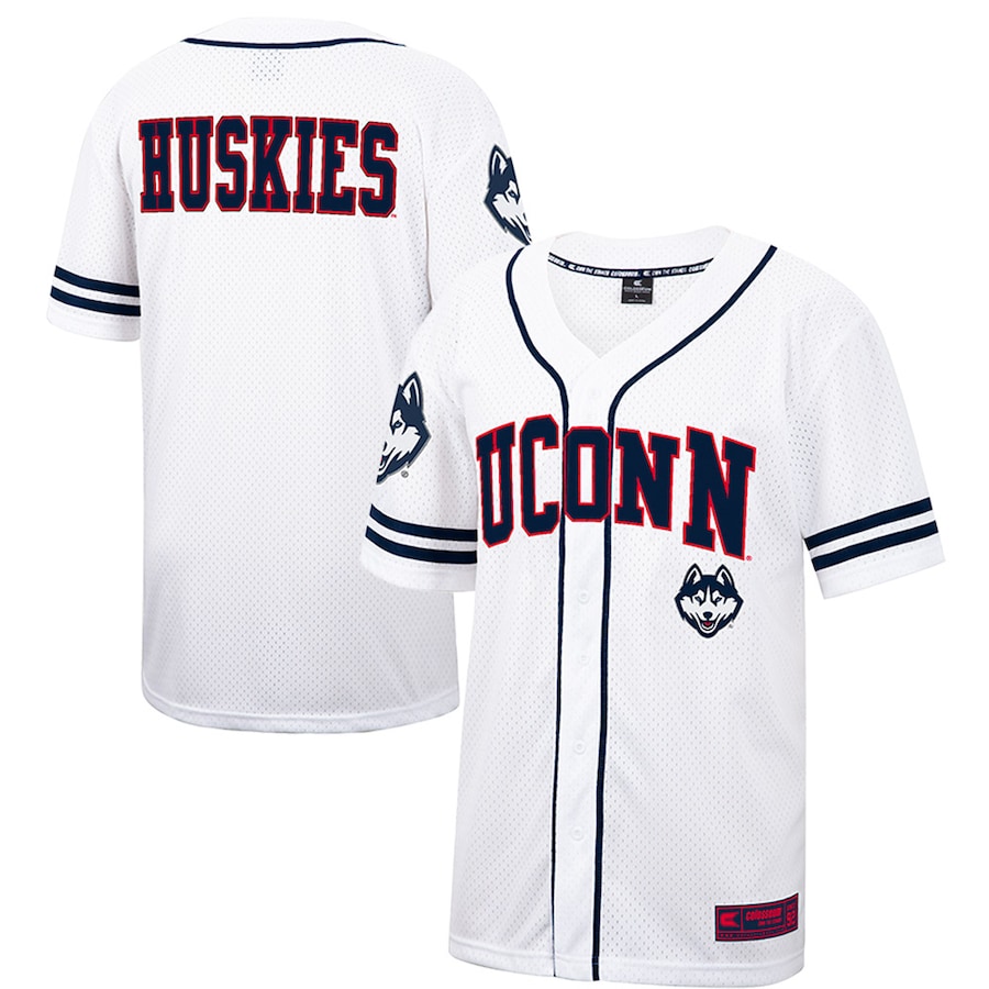 UConn Huskies Colosseum Free Spirited Mesh Button-Up Baseball Jersey - White - Ujersey Shop