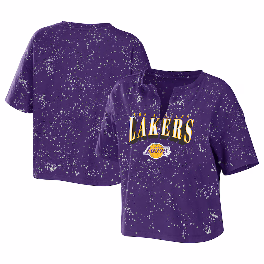 Women's Los Angeles Lakers WEAR by Erin Andrews Purple Bleach Splatter Notch Neck T-Shirt - Ujersey Shop