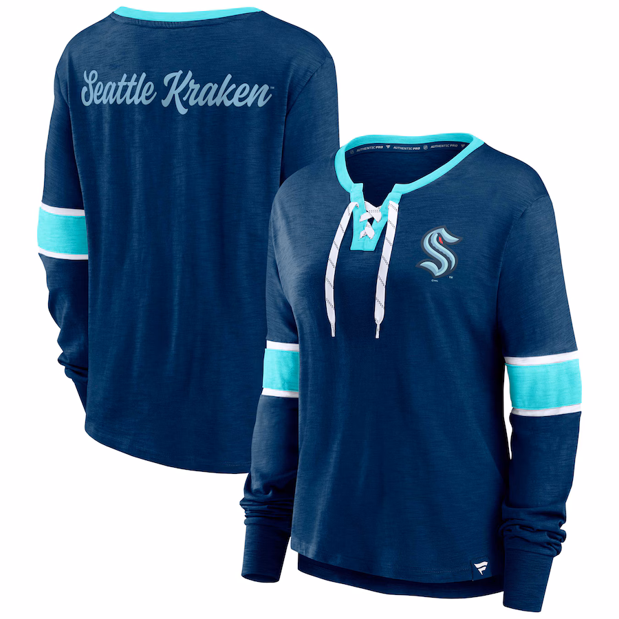 Women's Seattle Kraken Fanatics Deep Sea Blue Effervescent Exclusive Lace-Up Long Sleeve T-Shirt - Ujersey Shop