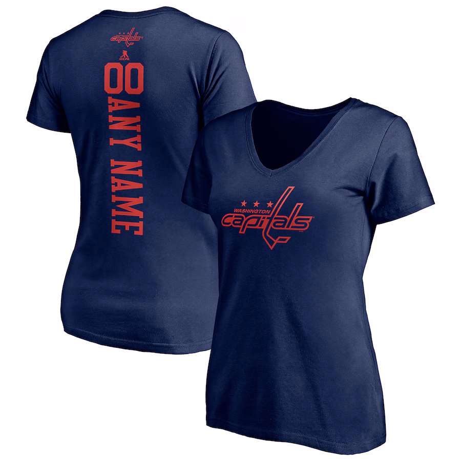 Women's Washington Capitals Navy Personalized Name & Number One Color V-Neck T-Shirt - Ujersey Shop