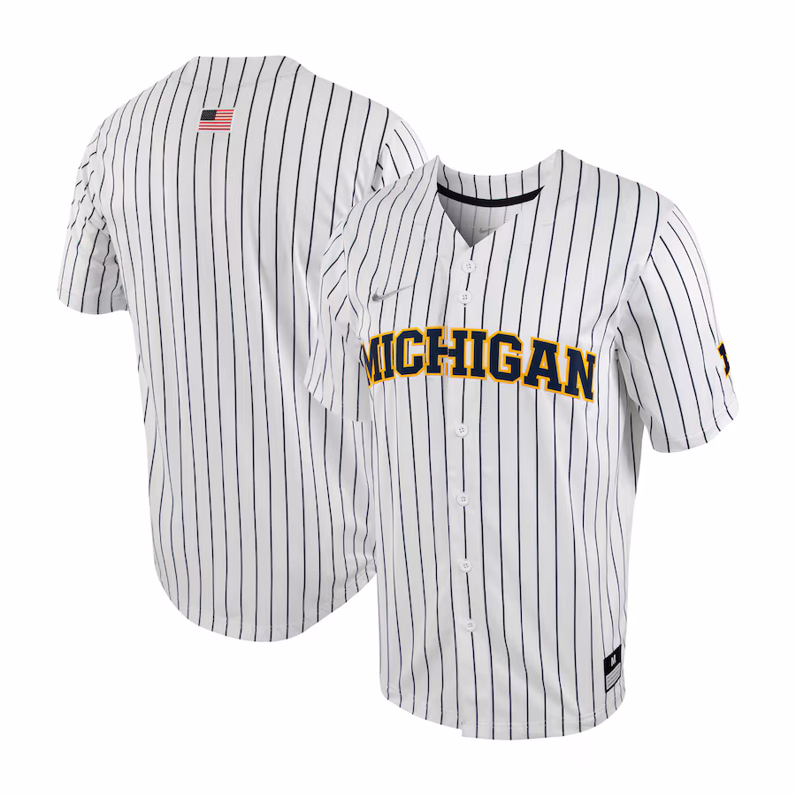 Men's Nike White/Navy Michigan Wolverines Pinstripe Replica Full-Button Baseball Jersey - Ujersey Shop