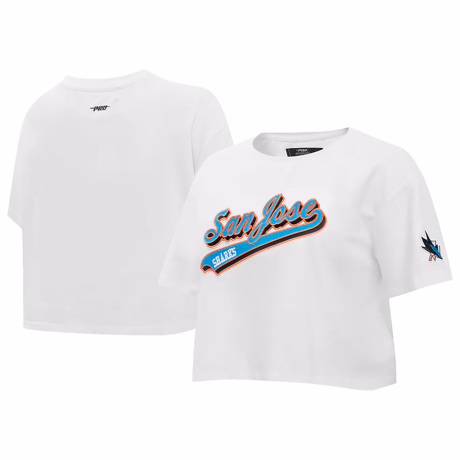 Women's San Jose Sharks Pro Standard White Boxy Script Tail Cropped T-Shirt - Ujersey Shop
