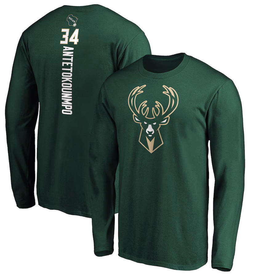 Men's Milwaukee Bucks Giannis Antetokounmpo Hunter Green Playmaker Name & Number Long Sleeve T-Shirt - Ujersey Shop