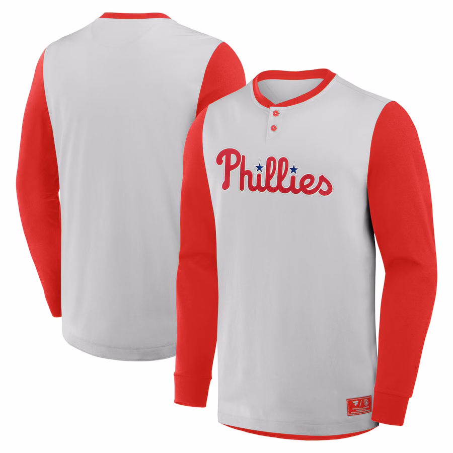 Men's Philadelphia Phillies Fanatics Gray/Red Clubhouse Long Sleeve Henley Shirt - Ujersey Shop