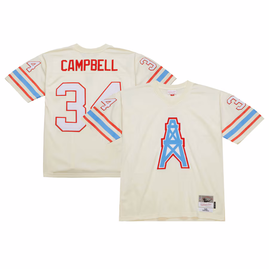 Men's Houston Oilers Earl Campbell Mitchell & Ness Cream Chainstitch Legacy Jersey - Ujersey Shop
