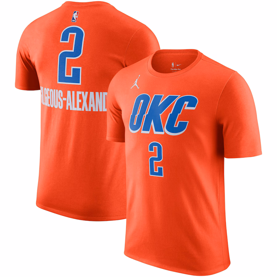 Men's Oklahoma City Thunder Shai Gilgeous-Alexander Jordan Brand Orange 2022/23 Statement Edition Name & Number T-Shirt - Ujersey Shop