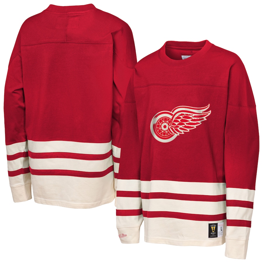 Youth Detroit Red Wings Mitchell & Ness Red Chainstitch Heavyweight Long Sleeve Top - Ujersey Shop