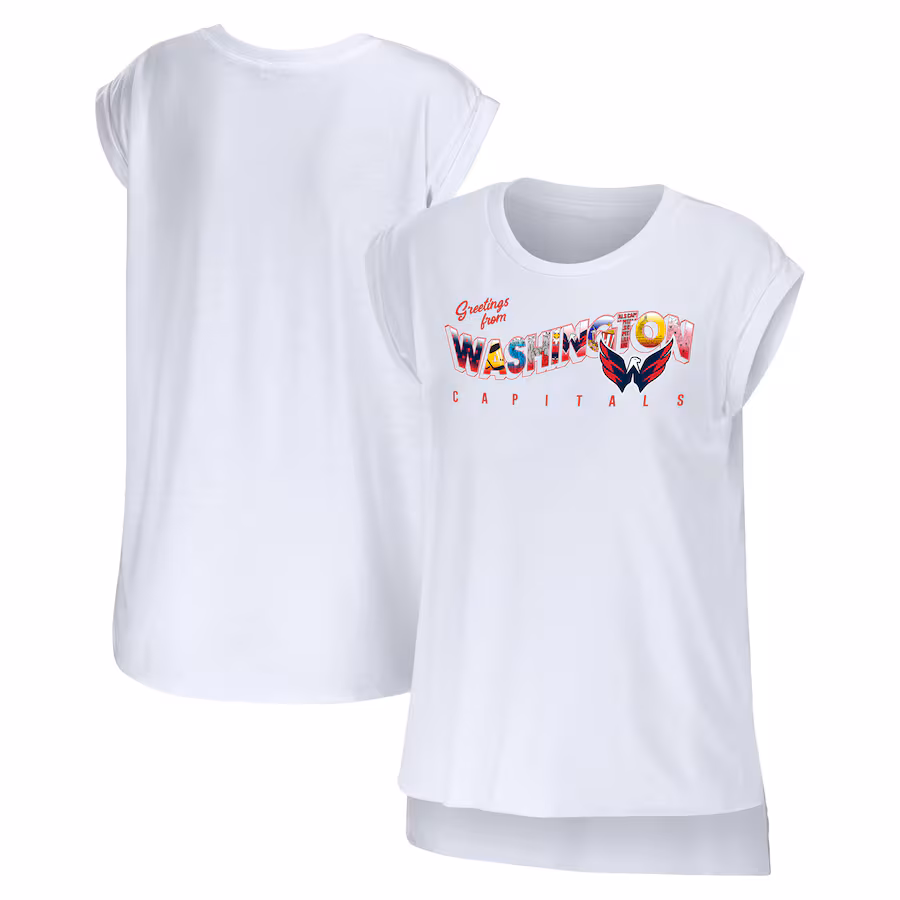 Women's Washington Capitals WEAR by Erin Andrews White Greetings From Muscle T-Shirt - Ujersey Shop