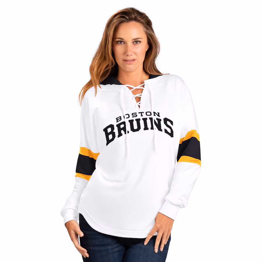Women's Boston Bruins G-III 4Her by Carl Banks White Goal Zone Long Sleeve Lace-Up Hoodie T-Shirt - Ujersey Shop