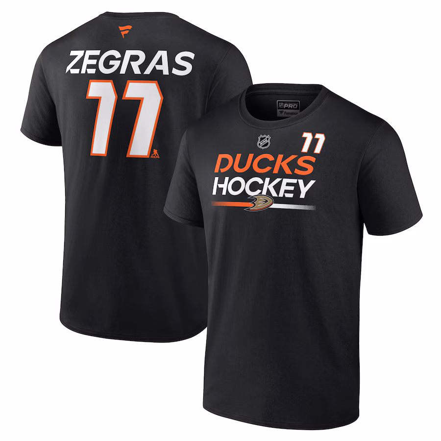 Men's Anaheim Ducks Trevor Zegras Fanatics Black Authentic Pro Prime Name & Number T-Shirt - Ujersey Shop