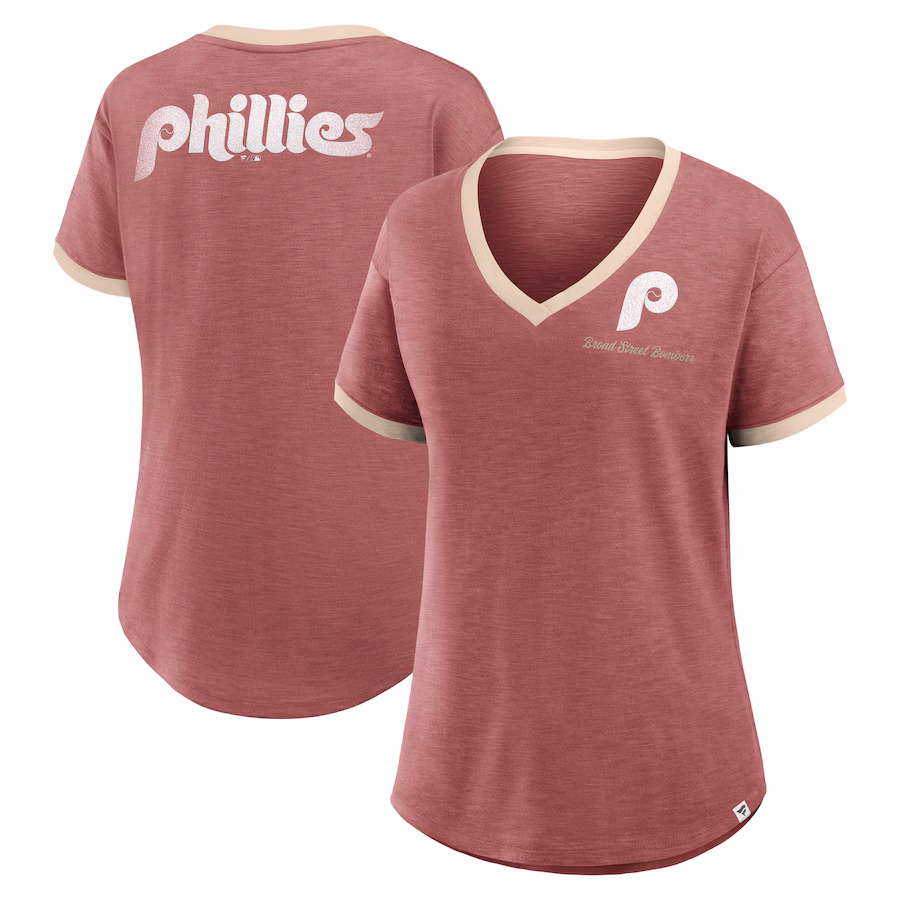 Women's Philadelphia Phillies Fanatics Burgundy Binge Worthy Stadium Slub V-Neck T-Shirt - Ujersey Shop