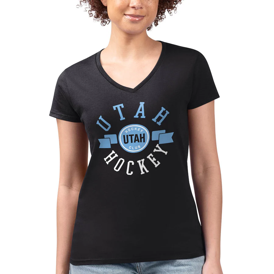 Women's Utah Hockey Club G-III 4Her by Carl Banks Black Shield Graphic Fitted V-Neck T-Shirt - Ujersey Shop