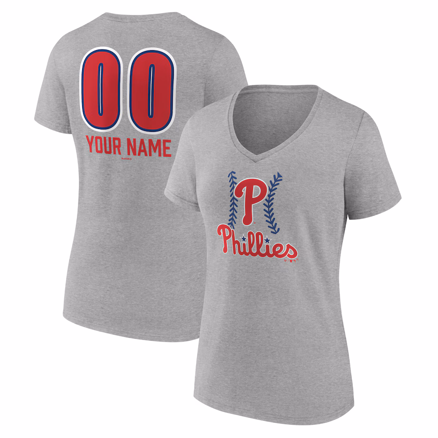 Women's Philadelphia Phillies Gray Personalized Name & Number Fastball V-Neck T-Shirt - Ujersey Shop
