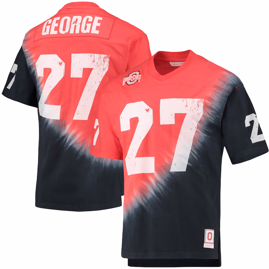 Men's Mitchell & Ness Eddie George Black/Scarlet Ohio State Buckeyes Name & Number Tie-Dye V-Neck T-Shirt - Ujersey Shop