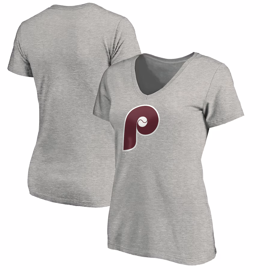 Women's Philadelphia Phillies Heathered Gray Cooperstown Collection Huntington Logo V-Neck T-Shirt - Ujersey Shop