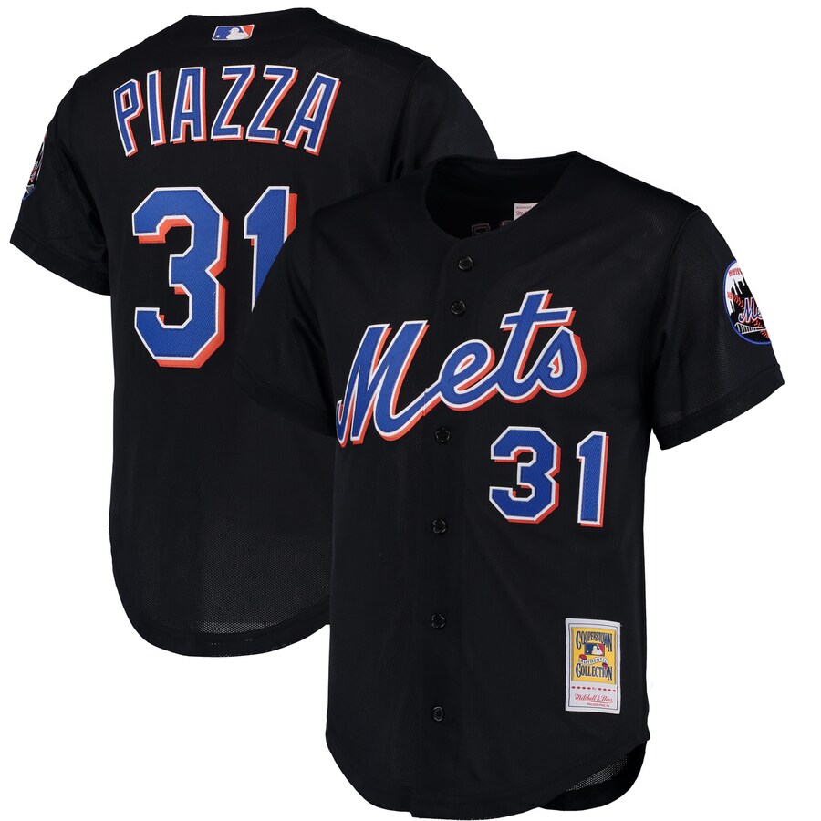 Men's New York Mets Mike Piazza Mitchell & Ness Black Cooperstown Collection Mesh Batting Practice Button-Up Jersey - Ujersey Shop