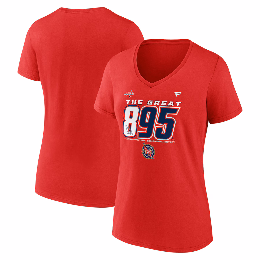 Women's Washington Capitals Alexander Ovechkin Fanatics Athletic Red NHL All-Time Leading Goal Scorer The Great 895 V-Neck T-Shirt - Ujersey Shop