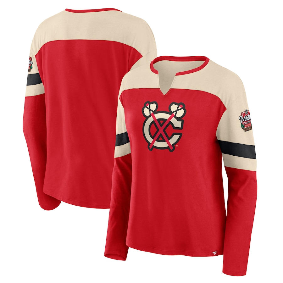 Women's Chicago Blackhawks Fanatics Red 2025 NHL Winter Classic Frozen Long Sleeve Notch Neck T-Shirt - Ujersey Shop