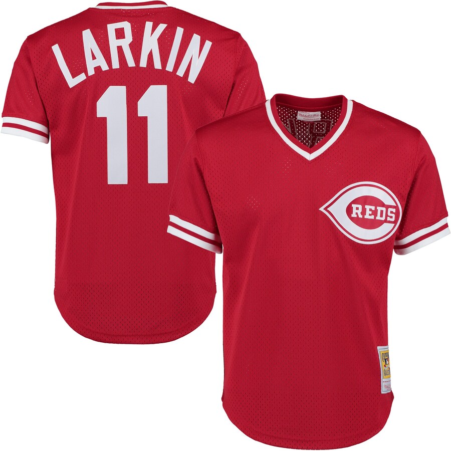 Men's Cincinnati Reds Barry Larkin Mitchell & Ness Red Cooperstown Collection Mesh Batting Practice Button-Up Jersey - Ujersey Shop