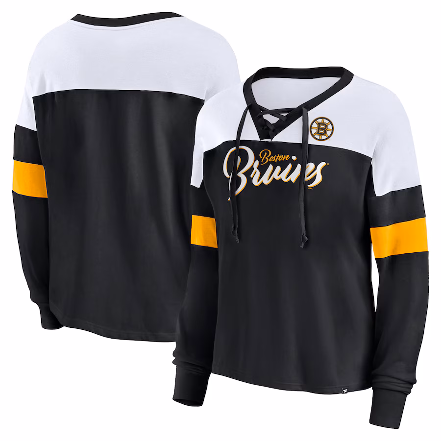 Women's Boston Bruins Fanatics Black Take the Shot Long Sleeve Lace-Up V-Neck T-Shirt - Ujersey Shop
