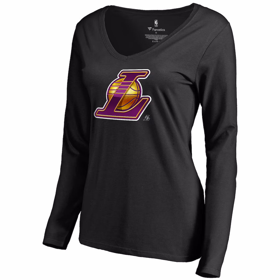 Women's Los Angeles Lakers Black Midnight Mascot Long Sleeve V-Neck T-Shirt - Ujersey Shop