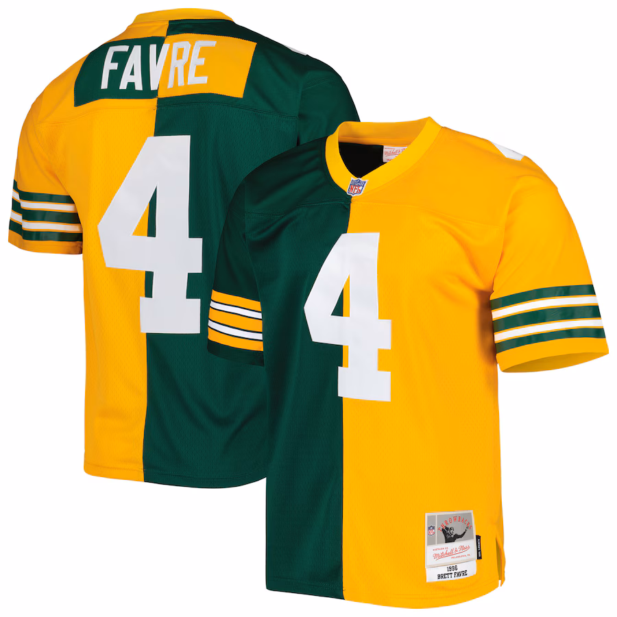 Men's Green Bay Packers Brett Favre Mitchell & Ness Green/Gold 1996 Split Legacy Replica Jersey - Ujersey Shop