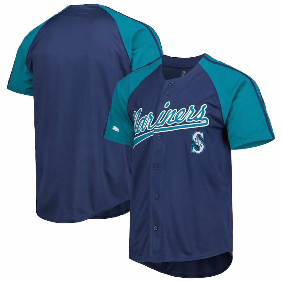 Men's Seattle Mariners Stitches Navy Button-Down Raglan Fashion Jersey - Ujersey Shop