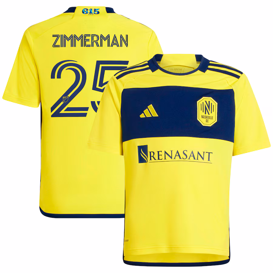 Youth Nashville SC Walker Zimmerman adidas Yellow 2024 The 615 Kit Replica Player Jersey - Ujersey Shop