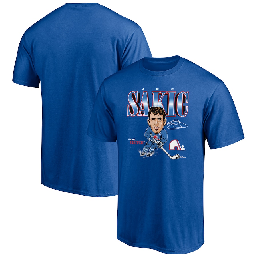 Men's Quebec Nordiques Joe Sakic Blue Player Caricature T-Shirt - Ujersey Shop