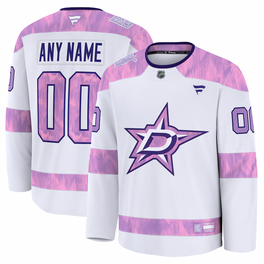Men's Dallas Stars Fanatics White 2024 Hockey Fights Cancer Custom Practice Jersey - Ujersey Shop