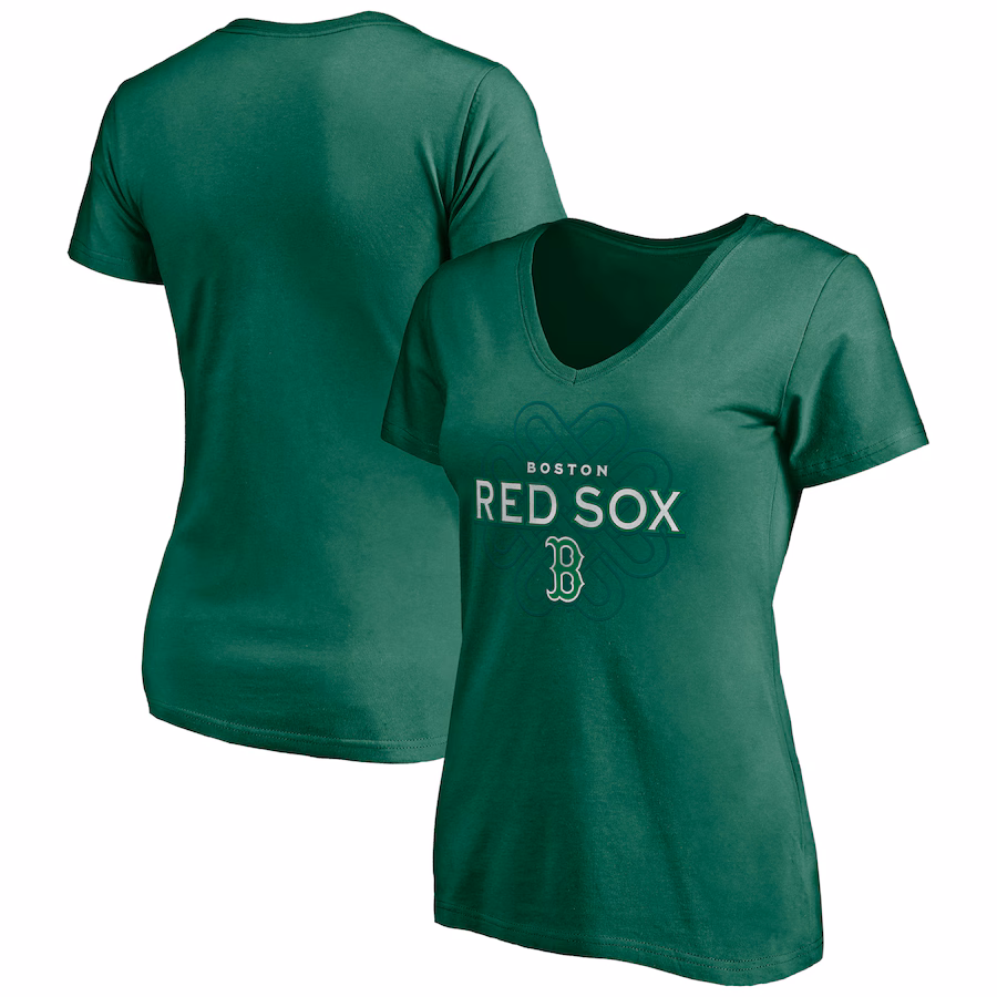 Women's Boston Red Sox Green Team Logo Celtic Knot V-Neck T-Shirt - Ujersey Shop