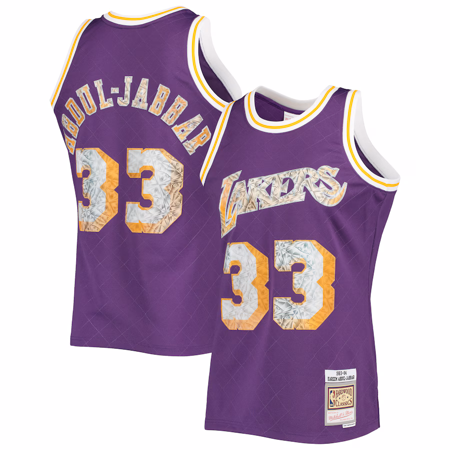 Men's Los Angeles Lakers Kareem Abdul-Jabbar Mitchell & Ness Purple 1996-97 Hardwood Classics NBA 75th Anniversary Diamond Swingman Jersey - Ujersey Shop