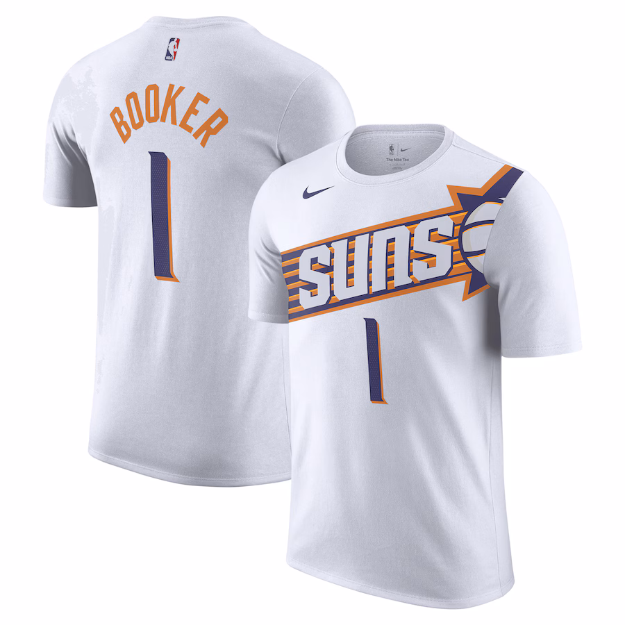 Men's Phoenix Suns Devin Booker Nike White 2023/24 Association Name & Number T-Shirt - Ujersey Shop