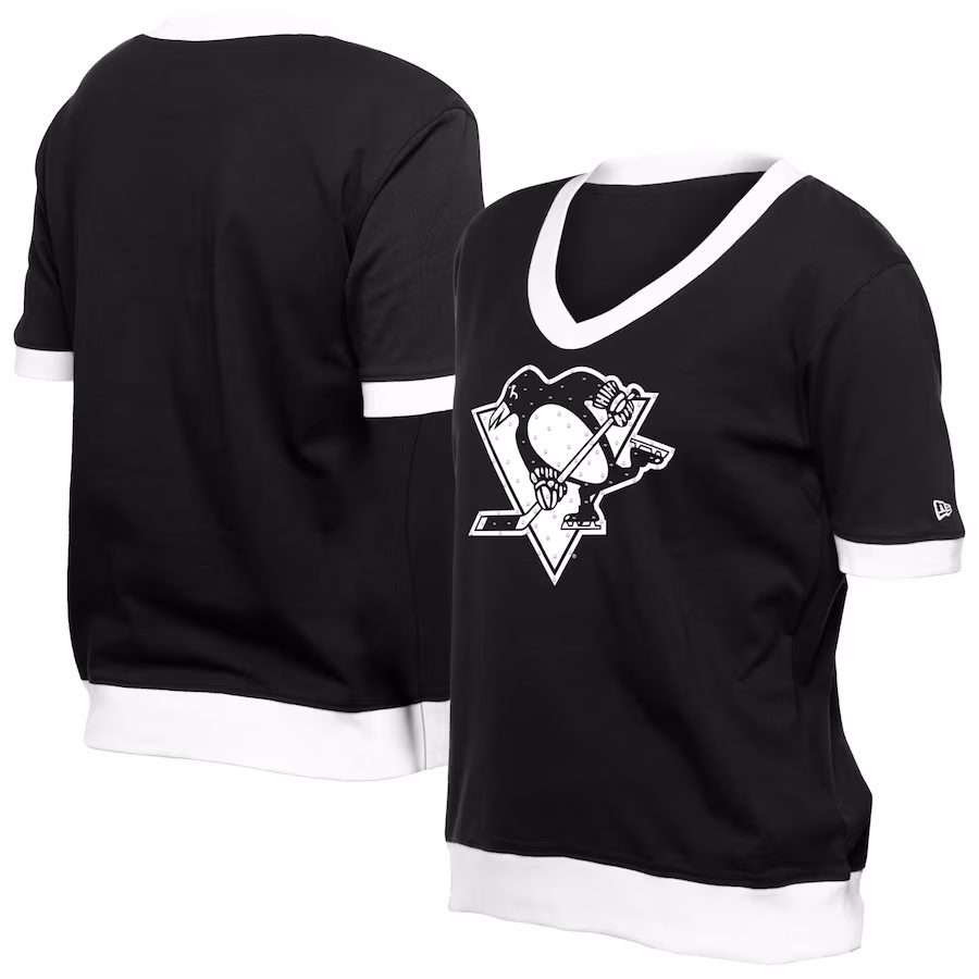 Women's Pittsburgh Penguins New Era Black Game Day Rhinestuds T-Shirt - Ujersey Shop