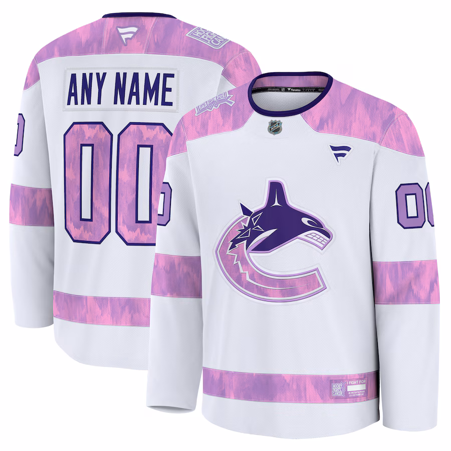 Men's Vancouver Canucks Fanatics White 2024 Hockey Fights Cancer Custom Practice Jersey - Ujersey Shop