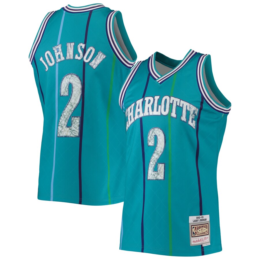 Men's Charlotte Hornets Larry Johnson Mitchell & Ness Teal 1996/97 Hardwood Classics NBA 75th Anniversary Diamond Swingman Jersey - Ujersey Shop