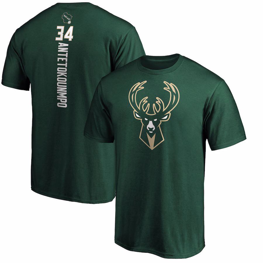 Men's Milwaukee Bucks Giannis Antetokounmpo Hunter Green Team Playmaker Name & Number T-Shirt - Ujersey Shop