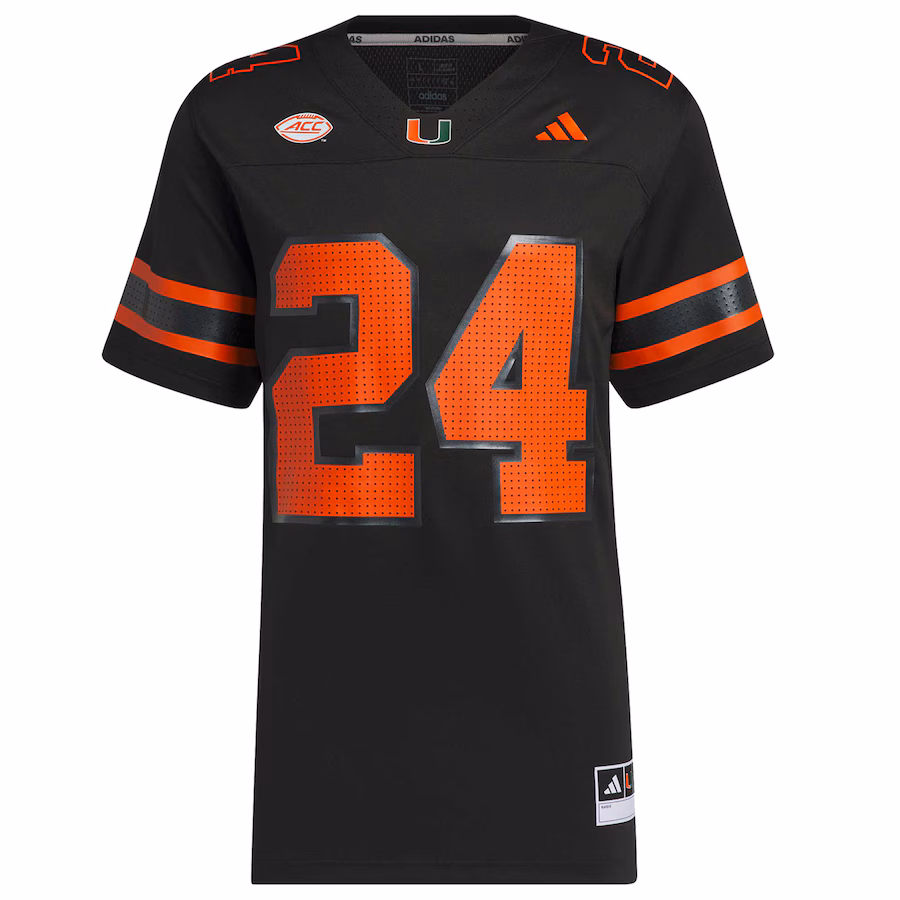 Men's adidas #24 Black Miami Hurricanes Premier Strategy Jersey - Ujersey Shop